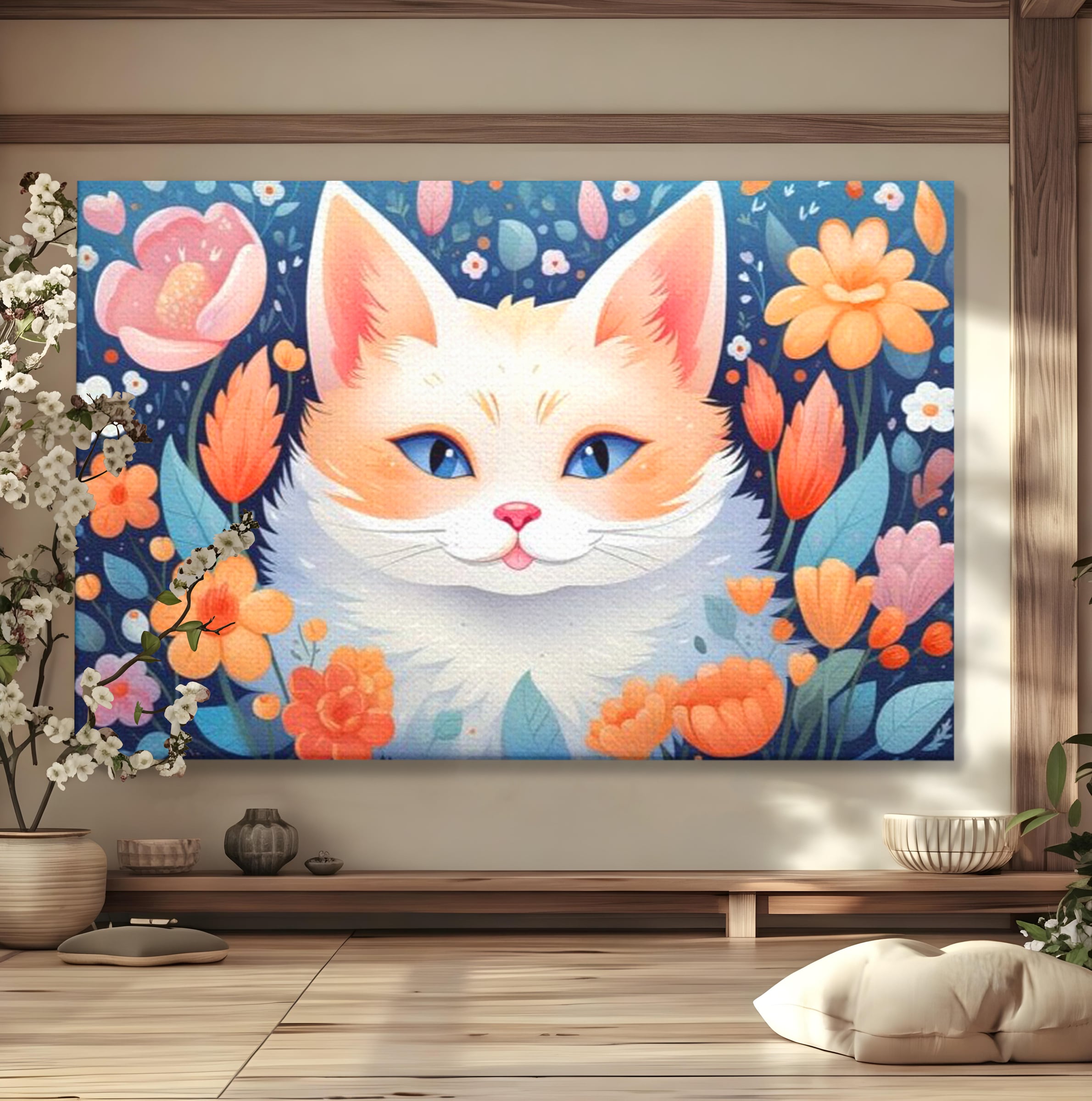 Tablou canvas cu ilustratie digitala cu pisica alba si flori, fara rama, pe sasiu de lemn